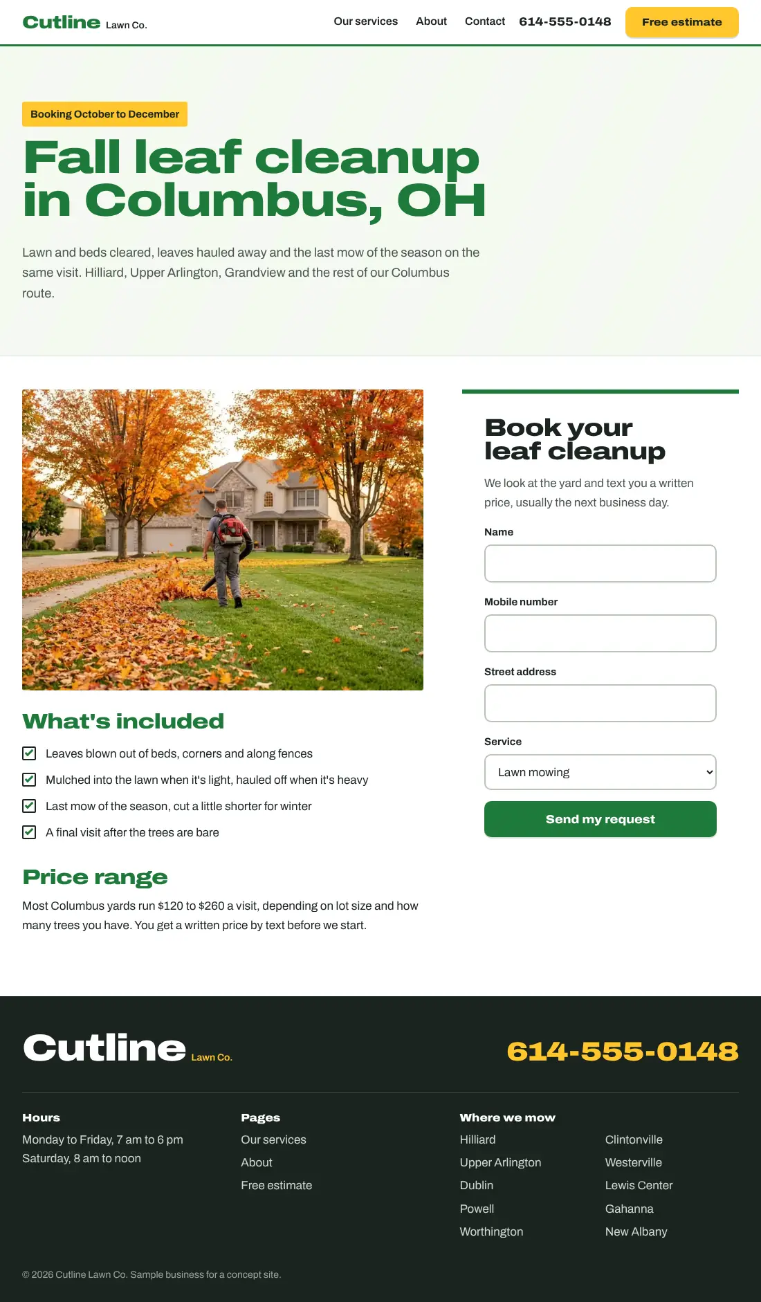 Local page for Cutline Lawn Co.: Fall leaf cleanup in Columbus, OH, with a booking tag, a fall yard photo and a booking form