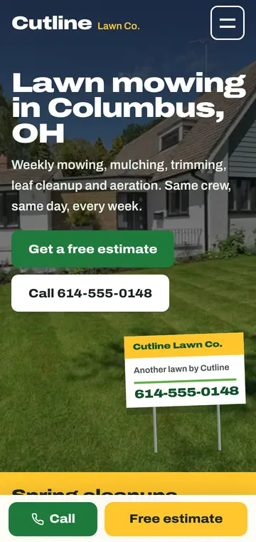 Lawn care website for Cutline Lawn Co. on a phone: lawn mowing in Columbus, OH, with free estimate and call buttons over a striped front lawn