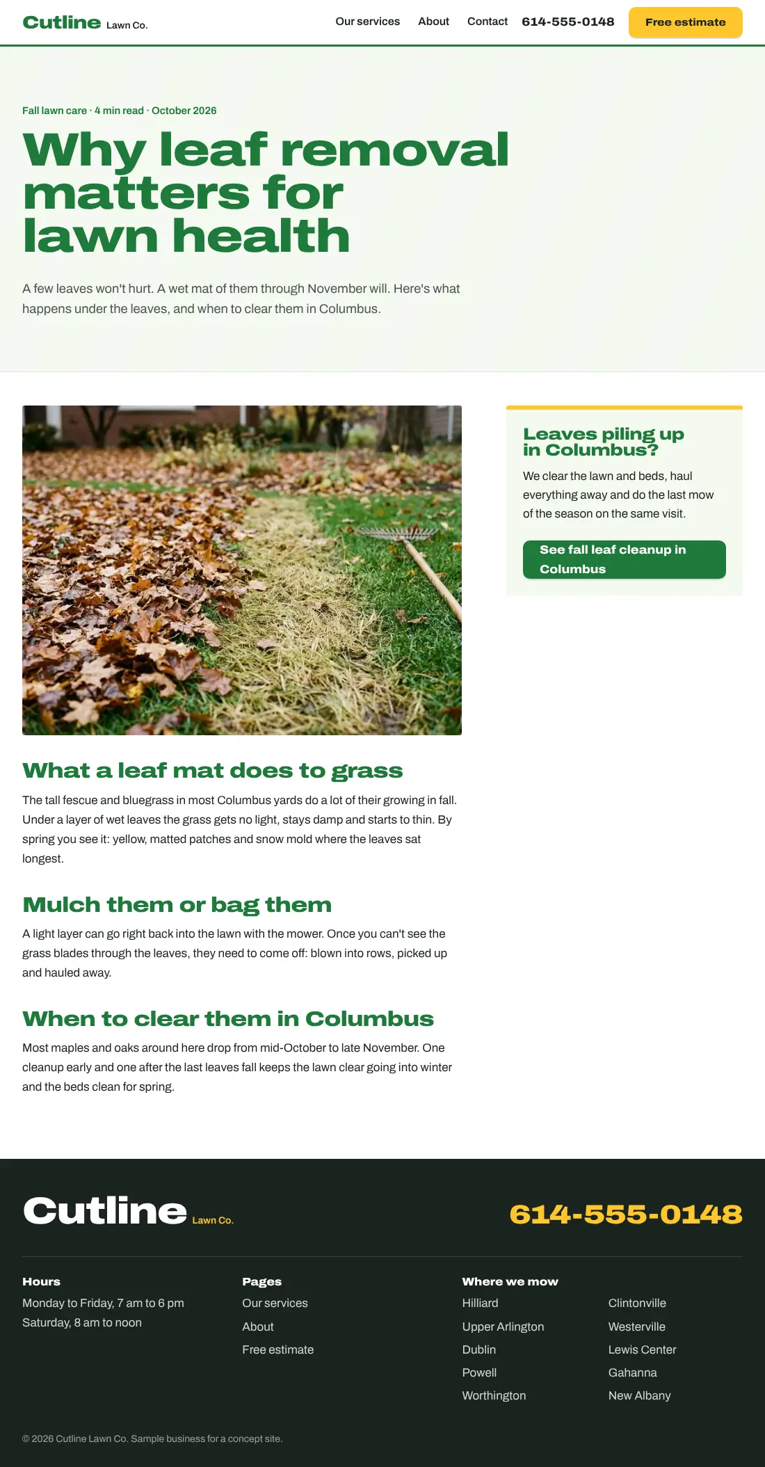 Blog article for Cutline Lawn Co.: Why leaf removal matters for lawn health, with a photo of grass yellowed under a leaf mat and a box that sends readers to fall leaf cleanup
