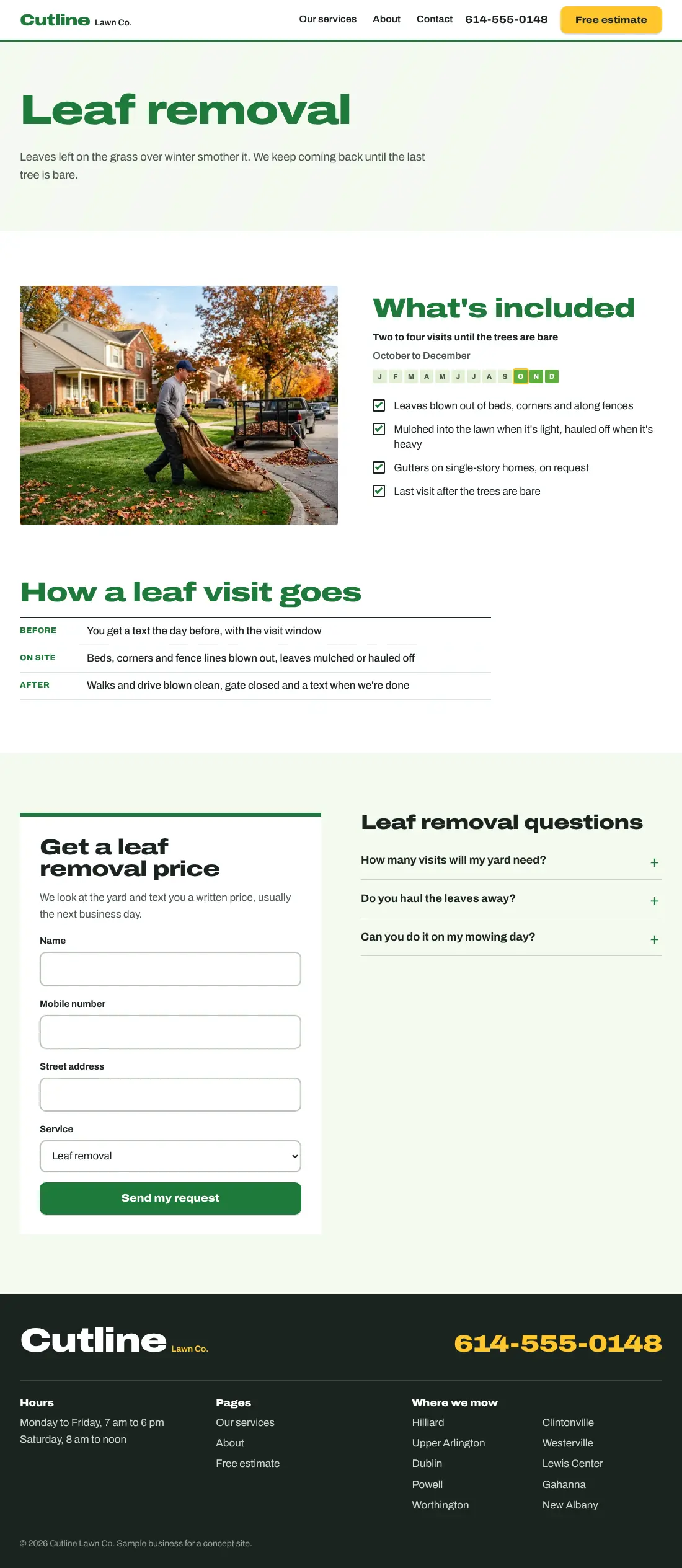 Service page for Cutline Lawn Co.: leaf removal, with a photo of a crew member hauling a tarp of leaves to a trailer, what's included, the months it runs and how a visit goes