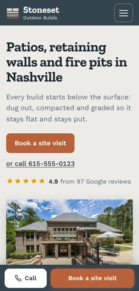 Hardscaping website for Stoneset Outdoor Builds on a phone: patios, retaining walls and fire pits in Nashville, with a book a site visit button and a photo of a finished backyard patio